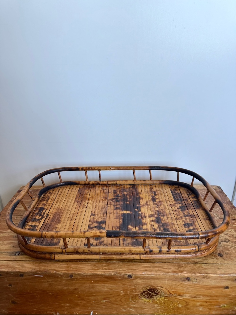 Vintage Tortoise Shell Bamboo Rattan Wood Tray